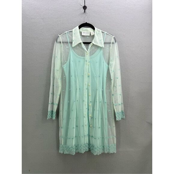 Vintage Y2K Hugo Buscati Mint Blue Mesh Embroidered Eyelet Shirt Dress  Sizs S - Picture 9 of 9